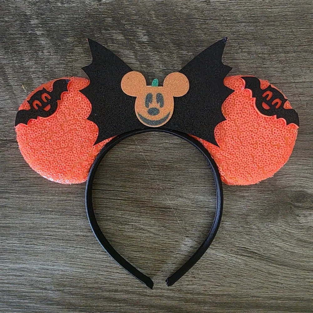 Halloween Mouse Ears Headband Orange Sequin Bat Pumpkin Mickey Kids